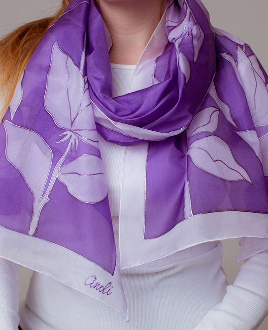 Purple Flower Hand Painted Silk Scarf
