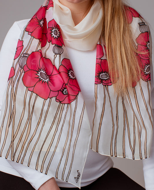Red Poppies Hand Painted Silk Scarf