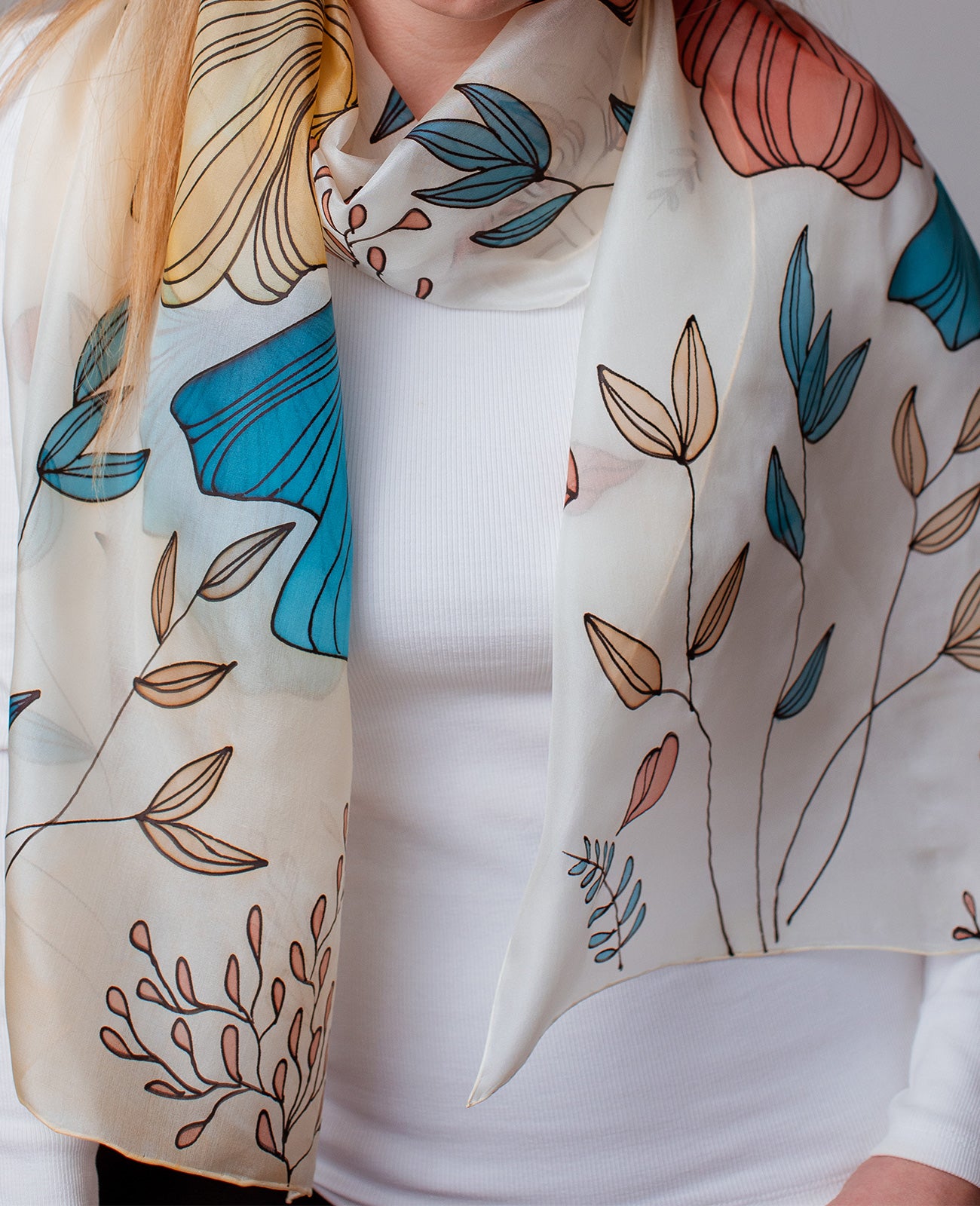 Delicate Flowers Hand Painted Silk Scarf