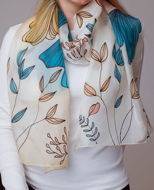 Delicate Flowers Hand Painted Silk Scarf