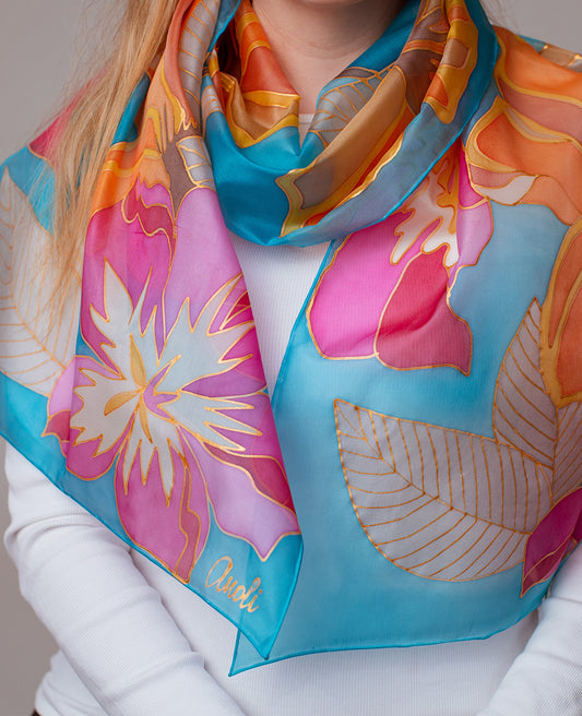 Bright Flowers 2 Hand Painted Silk Scarf