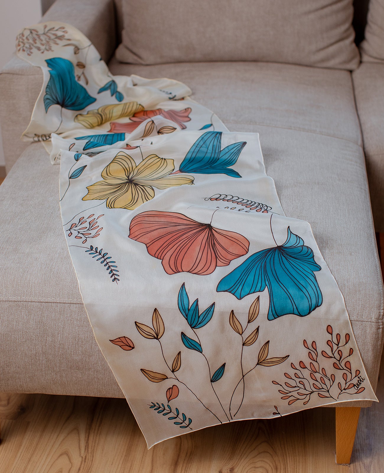 Delicate Flowers Hand Painted Silk Scarf