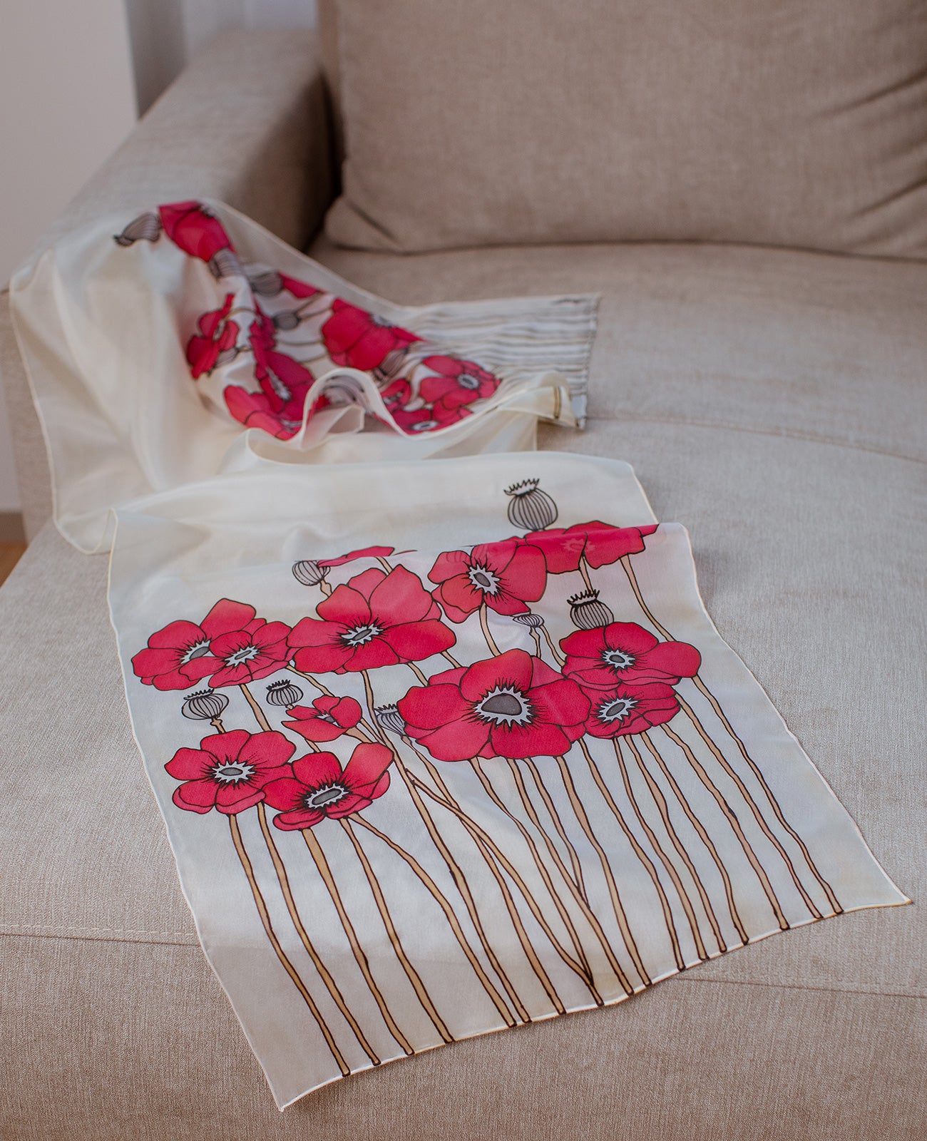 Red Poppies Hand Painted Silk Scarf