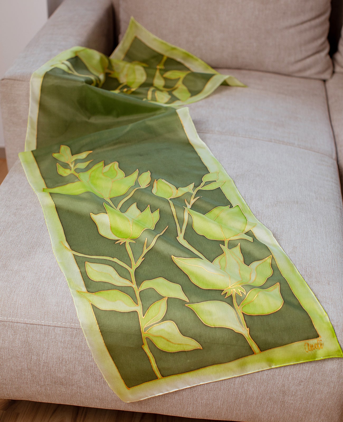 Green Flower Hand Painted Silk Scarf