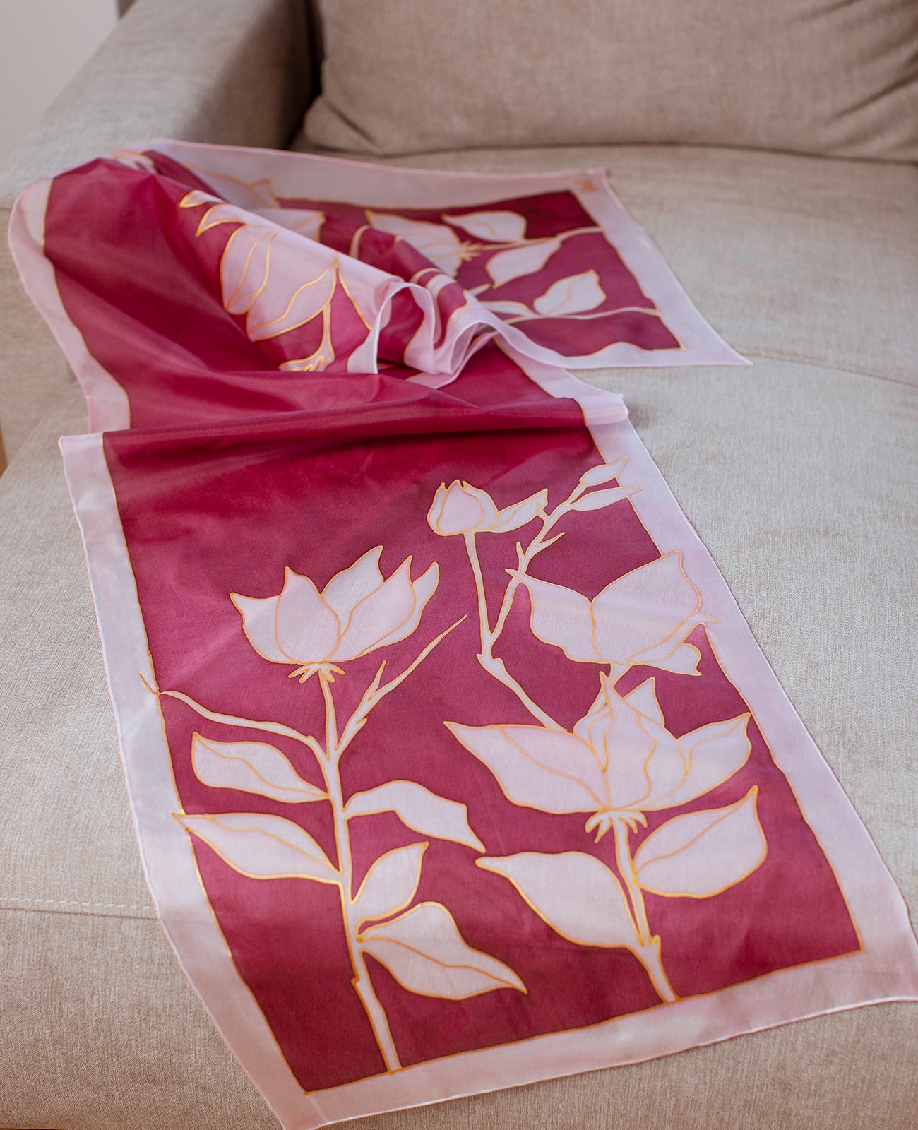 Pink-Red Flower Hand Painted Silk Scarf