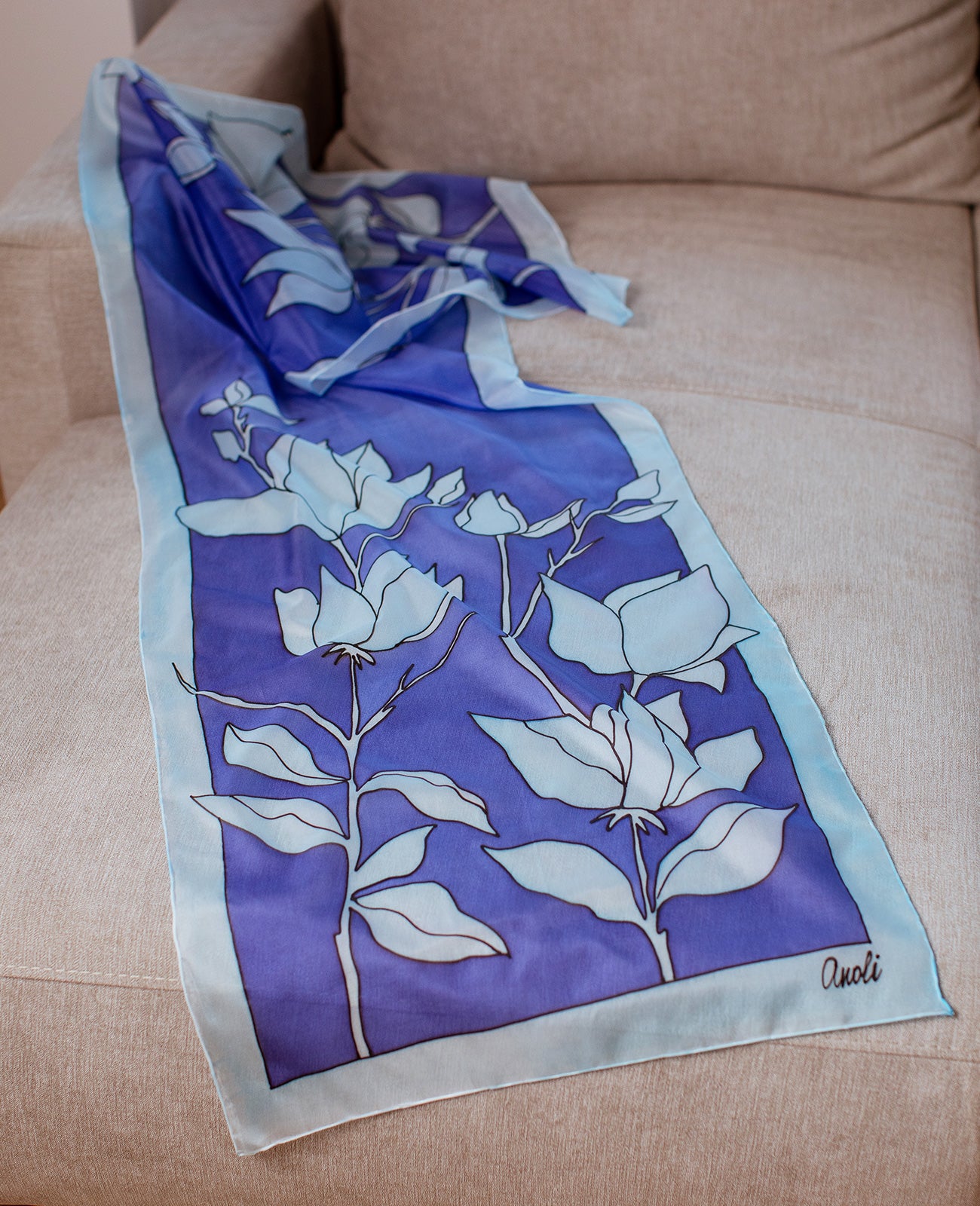 Blue Flower Hand Painted Silk Scarf