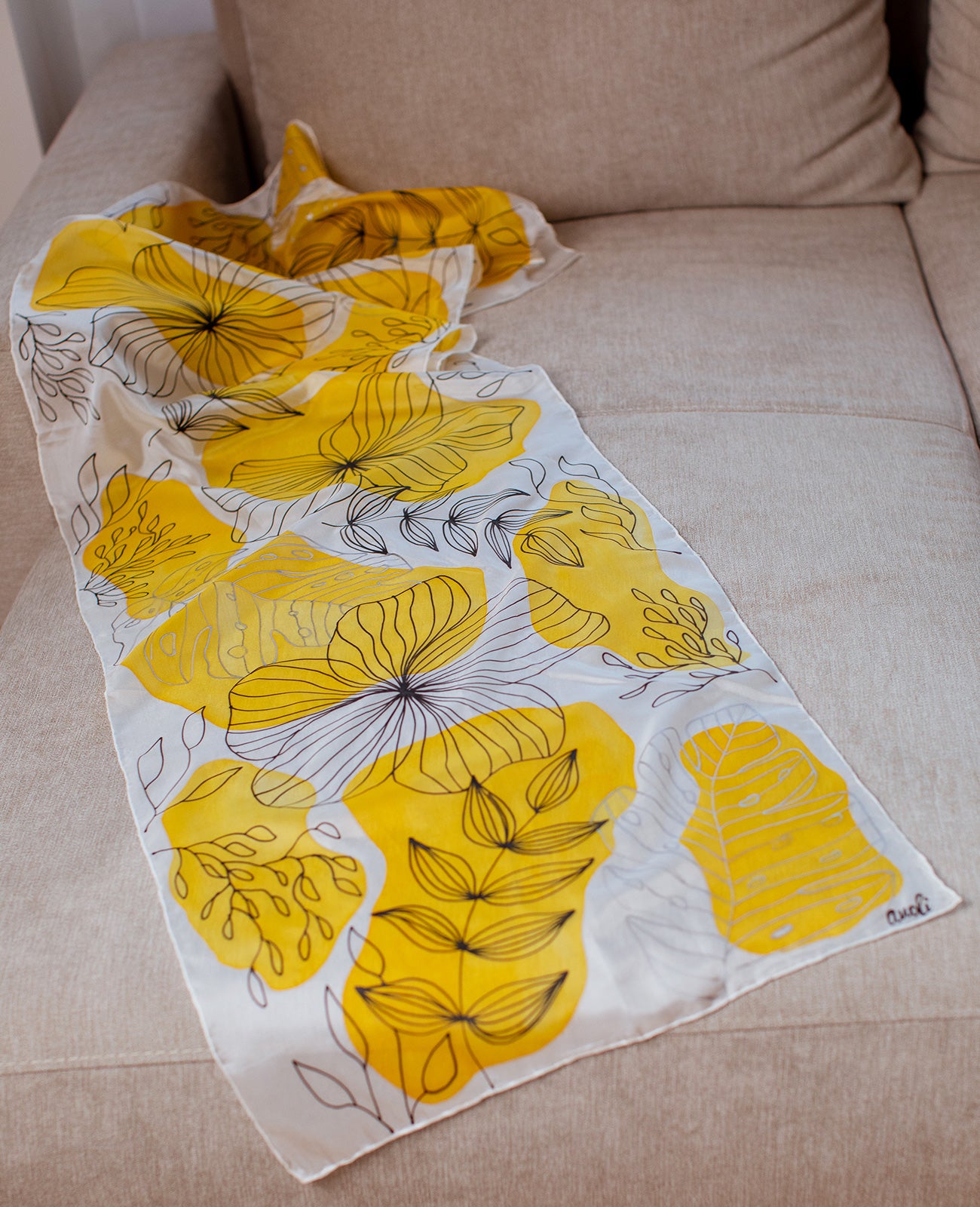 Yellow Abstraction Hand Painted Silk Scarf