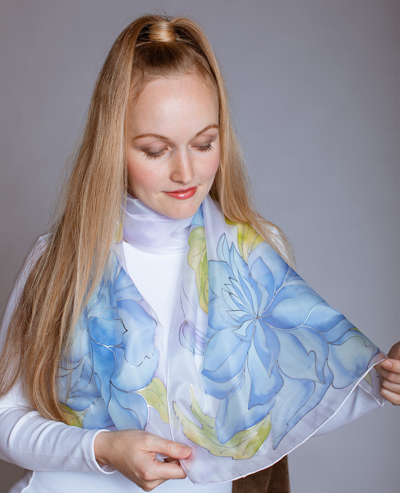 Delicate Peony Hand Painted Silk Scarf
