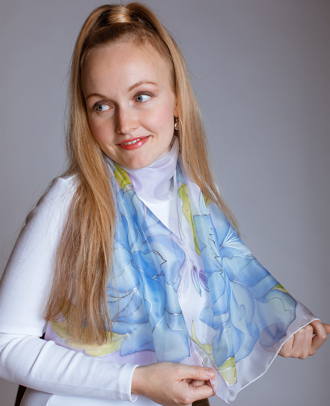 Delicate Peony Hand Painted Silk Scarf