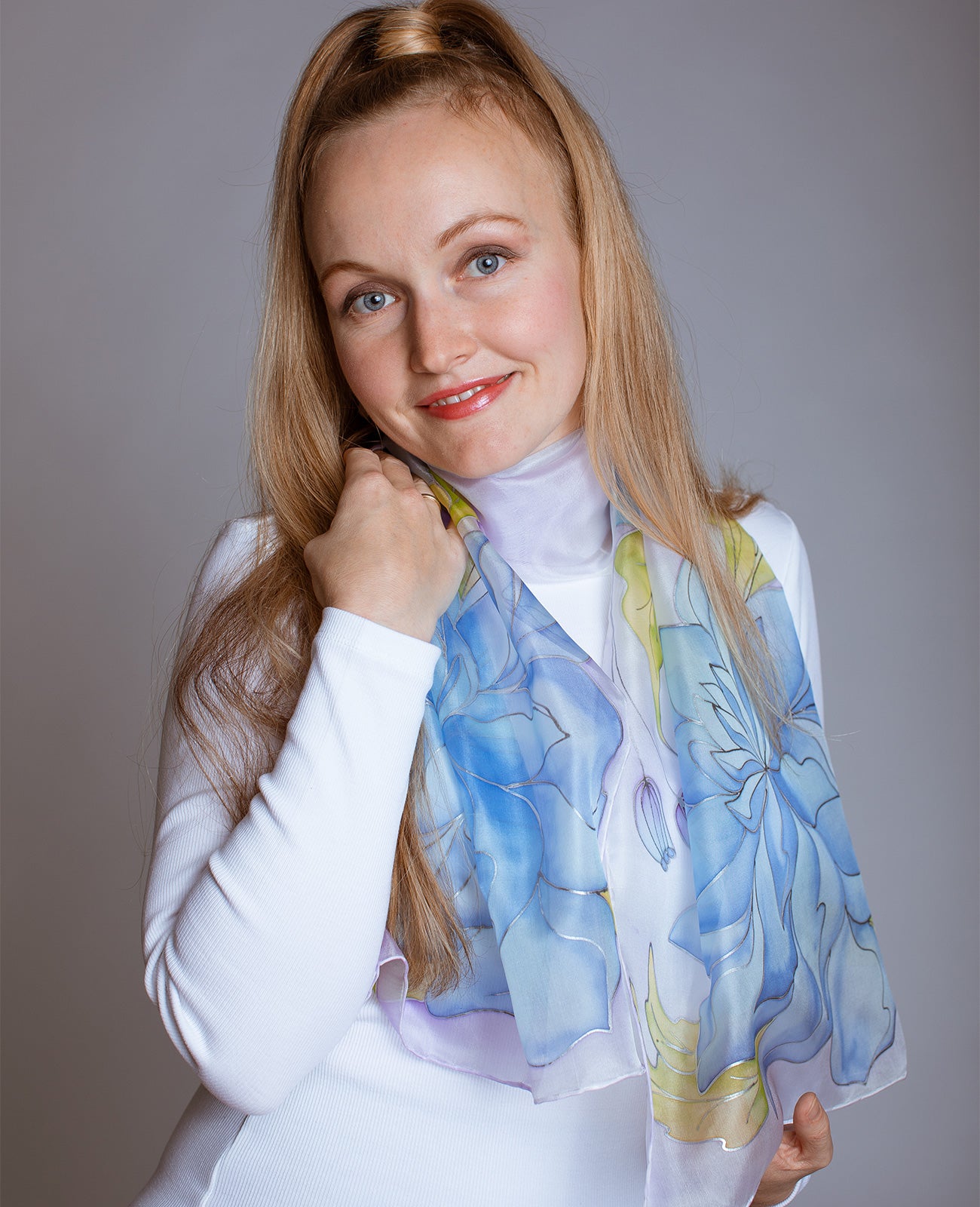 Delicate Peony Hand Painted Silk Scarf
