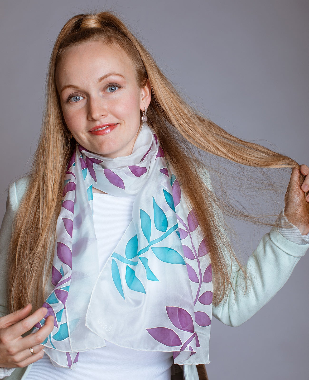 Blue and Purple Leaves Hand Painted Silk Scarf