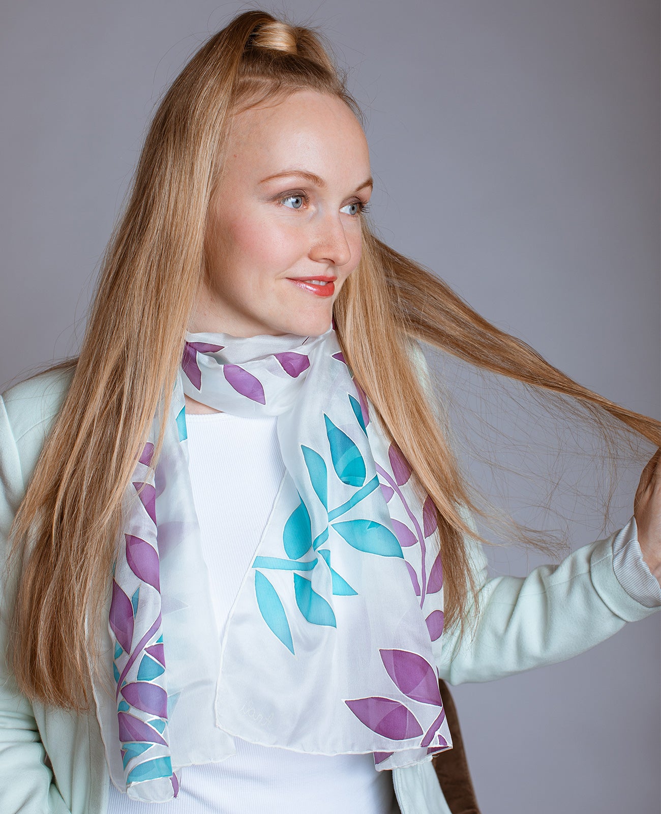 Blue and Purple Leaves Hand Painted Silk Scarf