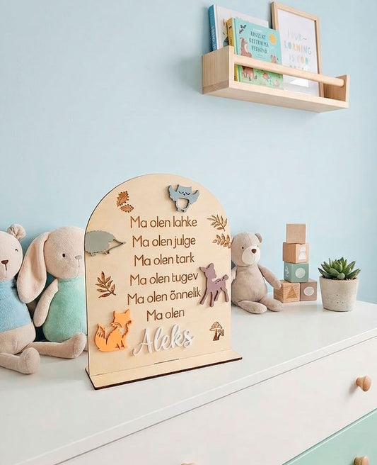 Personaalne puidust afirmatsioonitahvel lastele "Mets"