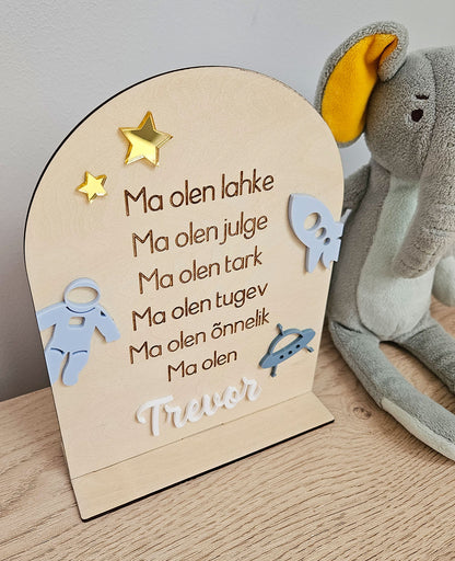 Personaalne puidust afirmatsioonitahvel lastele "Kosmos"