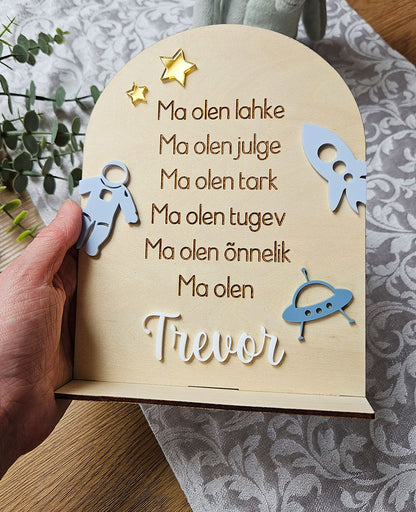 Personaalne puidust afirmatsioonitahvel lastele "Kosmos"