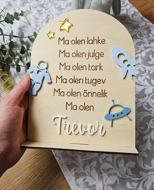 Personaalne puidust afirmatsioonitahvel lastele "Kosmos"