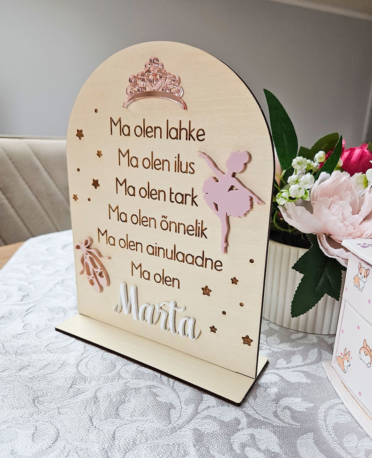 Personaalne puidust afirmatsioonitahvel lastele "Baleriin"