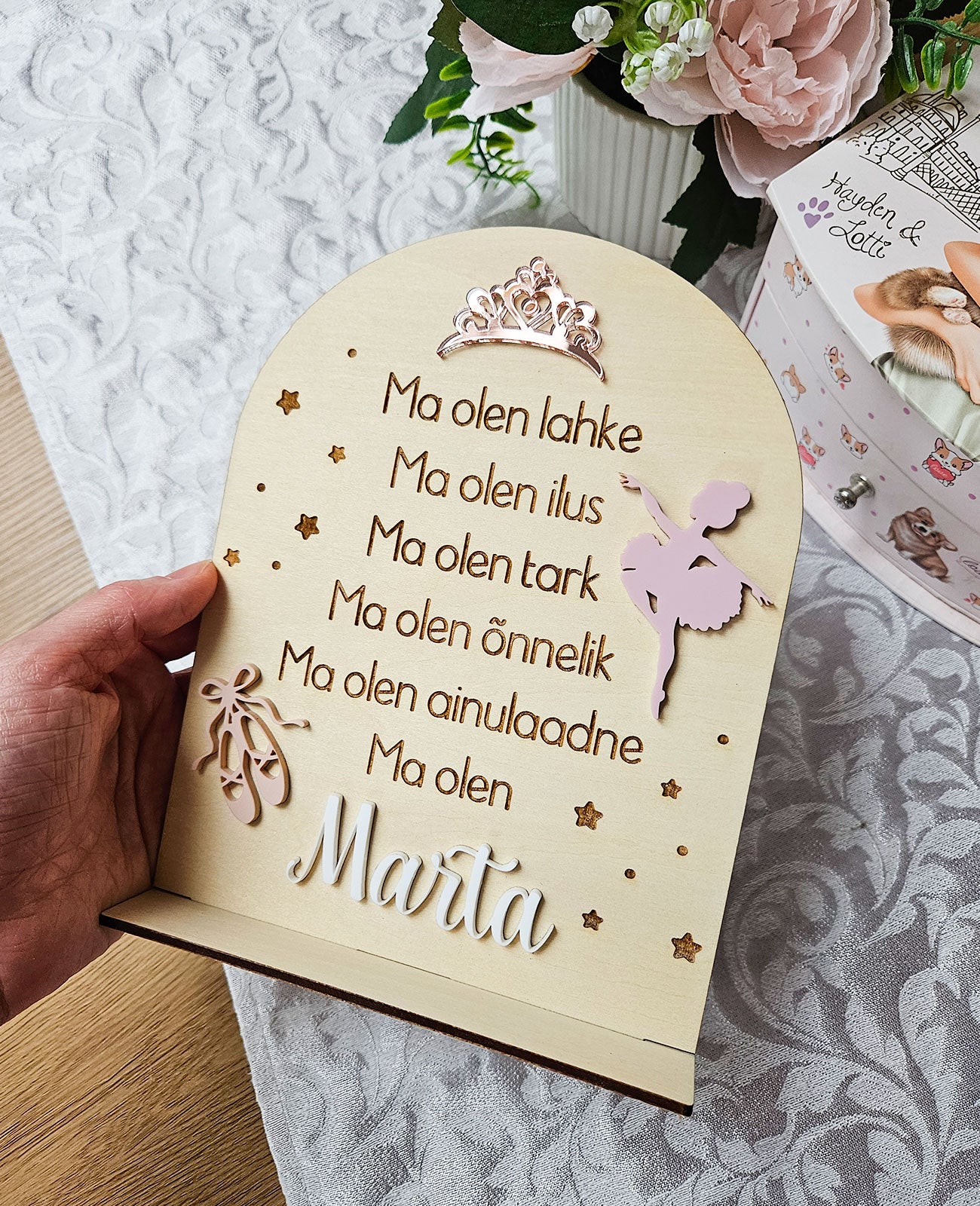 Personaalne puidust afirmatsioonitahvel lastele "Baleriin"