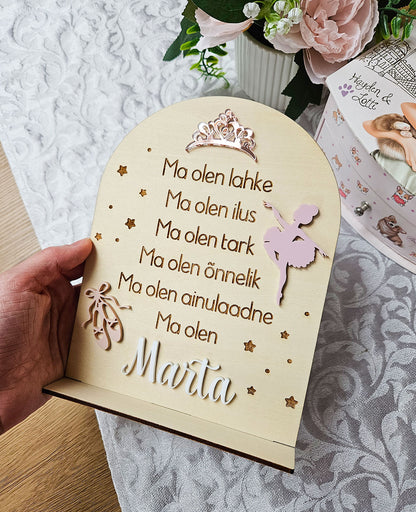 Personaalne puidust afirmatsioonitahvel lastele "Baleriin"