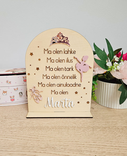 Personaalne puidust afirmatsioonitahvel lastele "Baleriin"