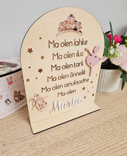 Personaalne puidust afirmatsioonitahvel lastele "Baleriin"