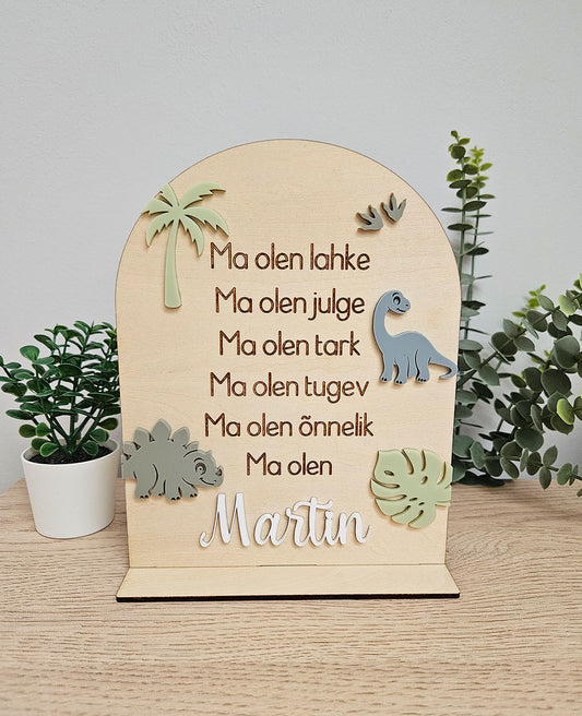 Personaalne puidust afirmatsioonitahvel lastele "Dinosaurused"