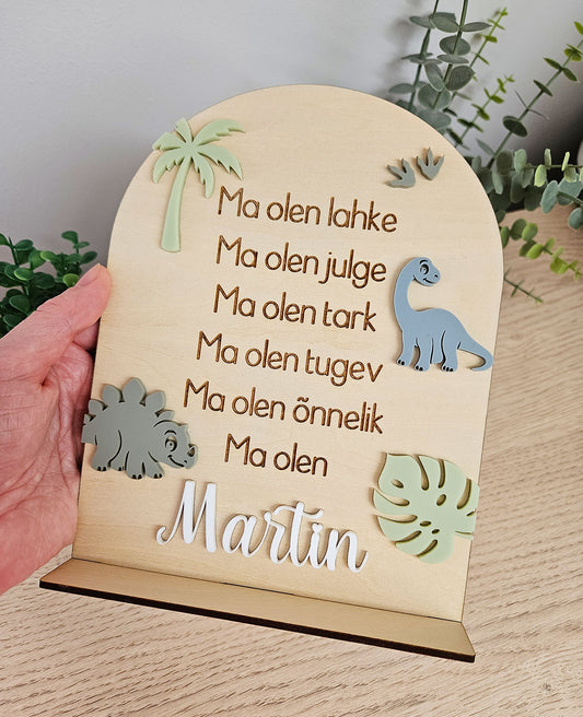 Personaalne puidust afirmatsioonitahvel lastele "Dinosaurused"