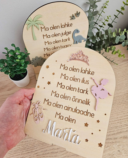 Personaalne puidust afirmatsioonitahvel lastele "Baleriin"