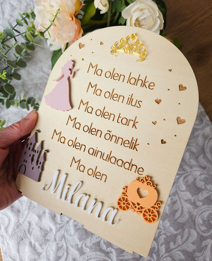 Personaalne puidust afirmatsioonitahvel lastele "Printsess"