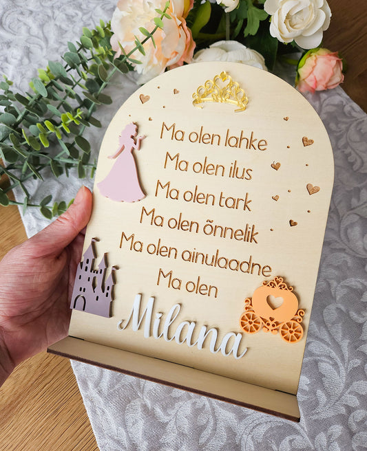 Personaalne puidust afirmatsioonitahvel lastele "Printsess"