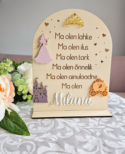 Personaalne puidust afirmatsioonitahvel lastele "Printsess"