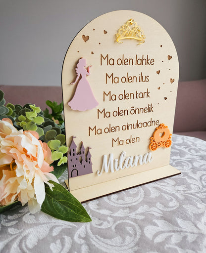 Personaalne puidust afirmatsioonitahvel lastele "Printsess"