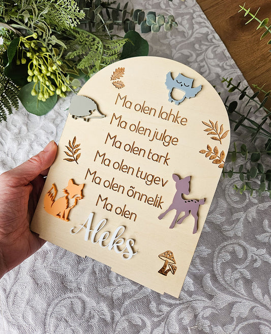 Personaalne puidust afirmatsioonitahvel lastele "Mets"