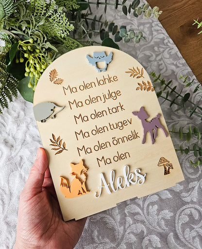 Personaalne puidust afirmatsioonitahvel lastele "Mets"
