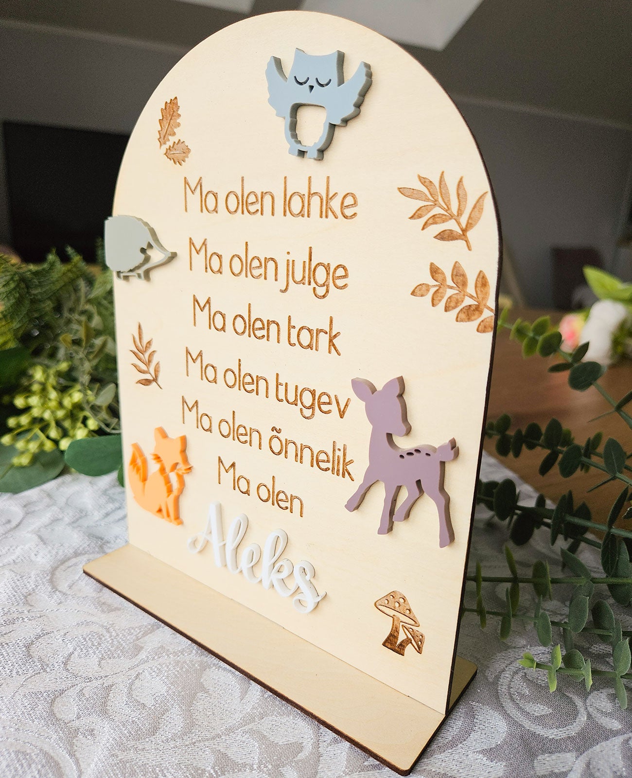 Personaalne puidust afirmatsioonitahvel lastele "Mets"