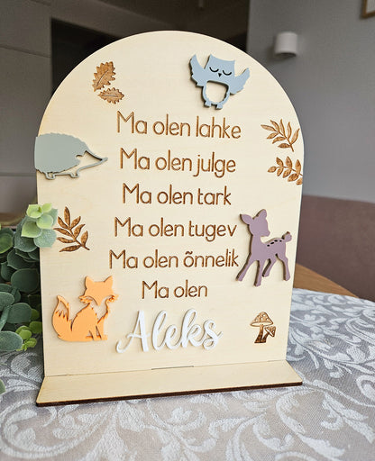 Personaalne puidust afirmatsioonitahvel lastele "Mets"