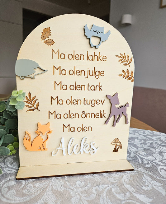 Personaalne puidust afirmatsioonitahvel lastele "Mets"