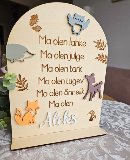 Personaalne puidust afirmatsioonitahvel lastele "Mets"