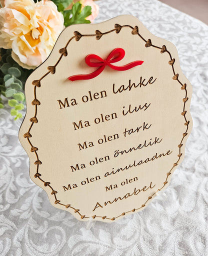 Personaalne puidust afirmatsioonitahvel lastele "Lipsuke"