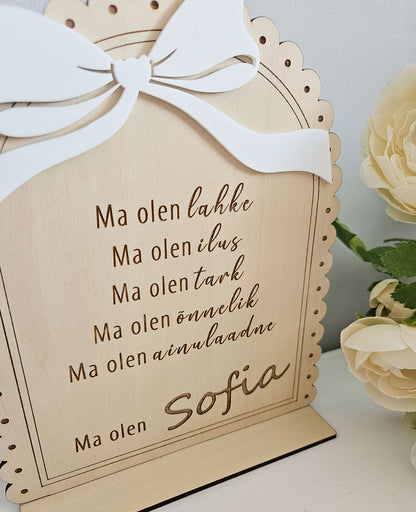Personaalne puidust afirmatsioonitahvel lastele "Kaunis lips"