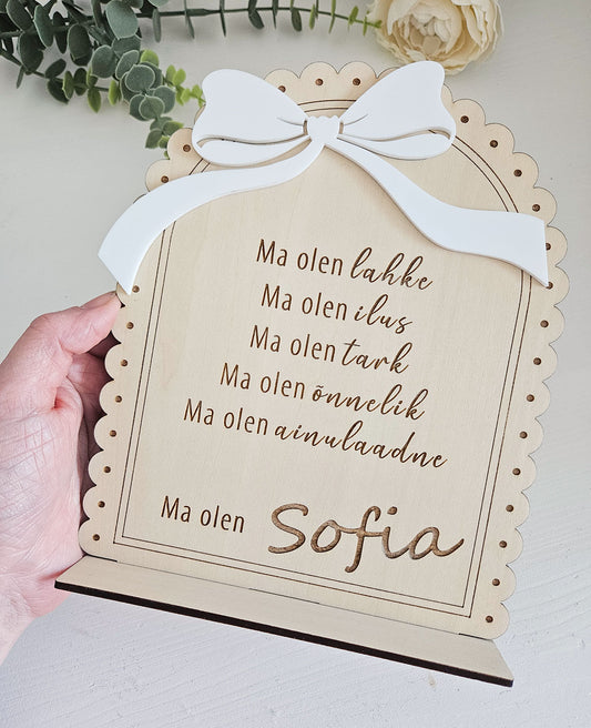 Personaalne puidust afirmatsioonitahvel lastele "Kaunis lips"