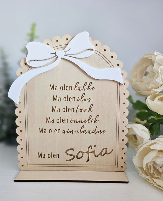 Personaalne puidust afirmatsioonitahvel lastele "Kaunis lips"