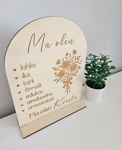 Personaalne puidust afirmatsioonitahvel lastele "Lillekimp"