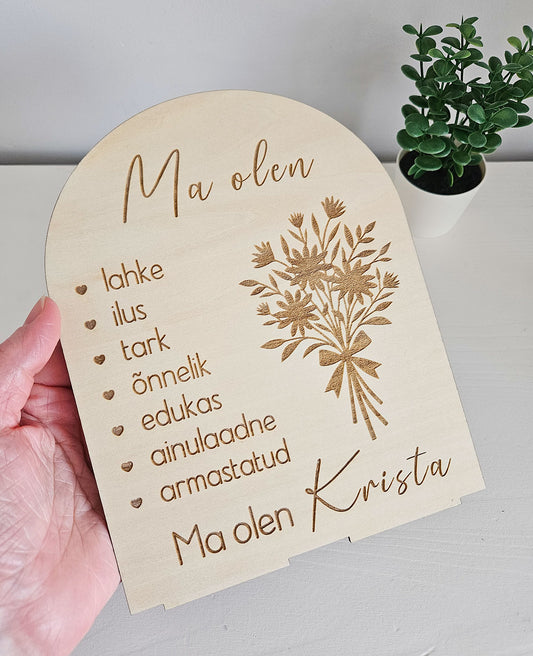 Personaalne puidust afirmatsioonitahvel lastele "Lillekimp"