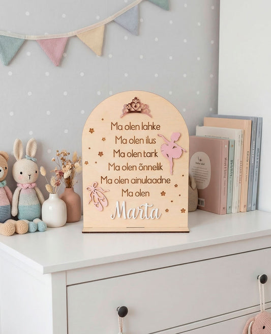 Personaalne puidust afirmatsioonitahvel lastele "Baleriin"