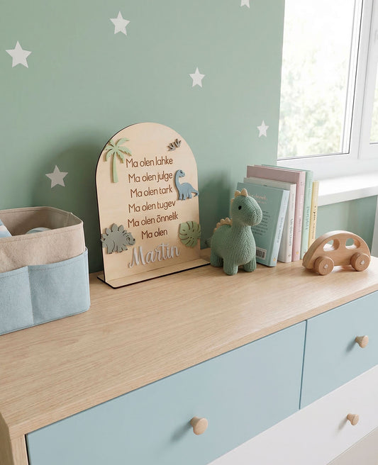Personaalne puidust afirmatsioonitahvel lastele "Dinosaurused"