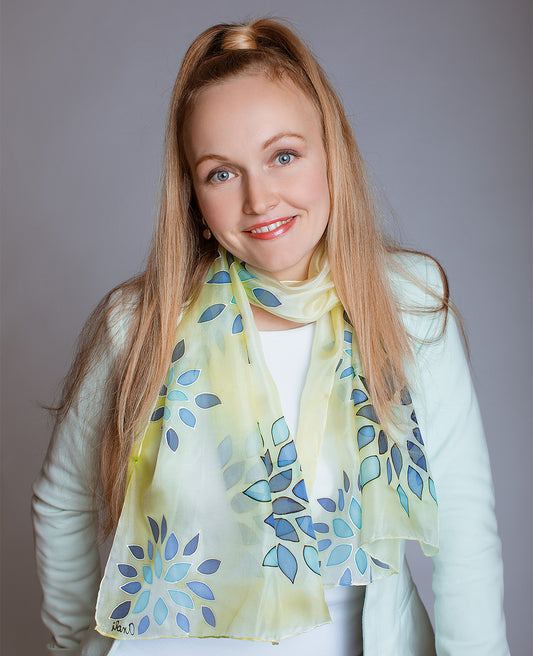 Blue Flowers Hand Painted Silk Scarf
