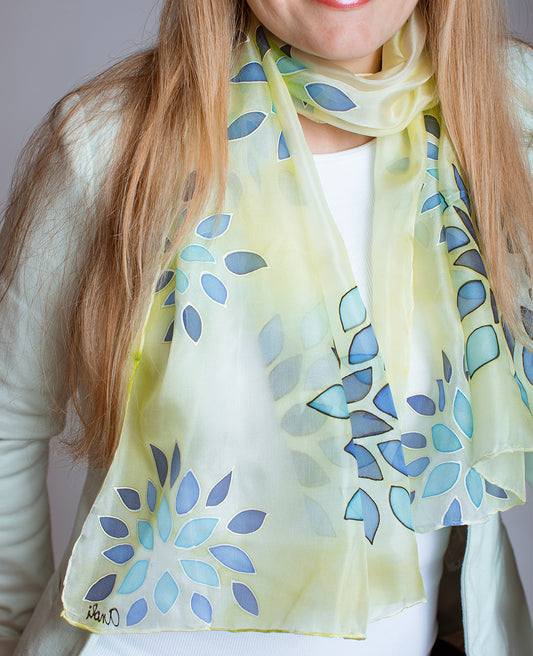 Blue Flowers Hand Painted Silk Scarf
