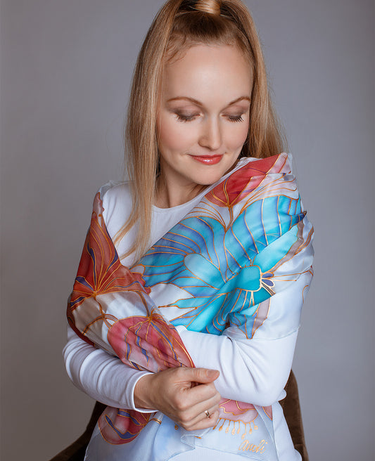 Butterfly and Tulps Hand Painted Silk Scarf