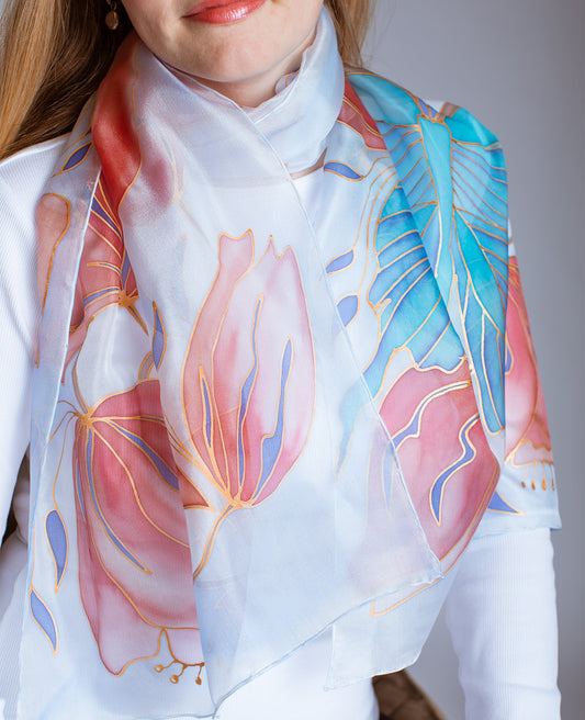 Butterfly and Tulps Hand Painted Silk Scarf